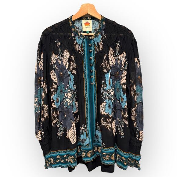 Farm Rio Blossom Black Bee Tapestry Smocked Blouse Size Medium - Picture 3 of 12